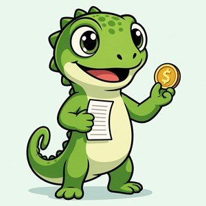 Tip Lizard mascot holding a receipt and a gold coin